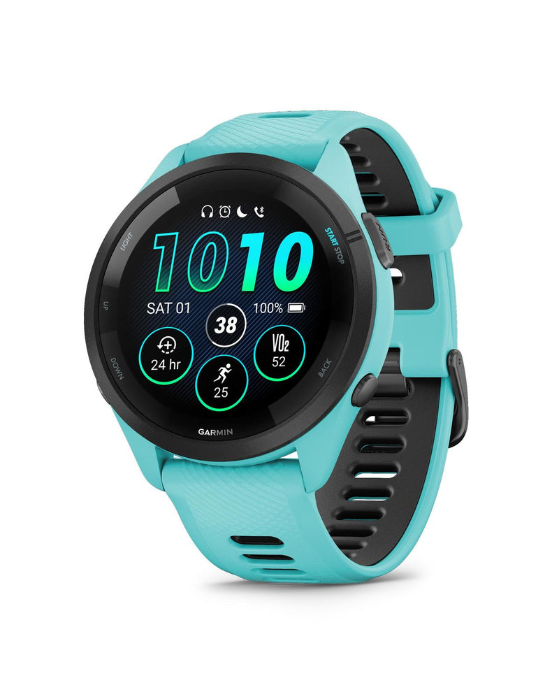 Garmin Forerunner® 265, Black Bezel with Aqua Case and Aqua/Black Silicone Band