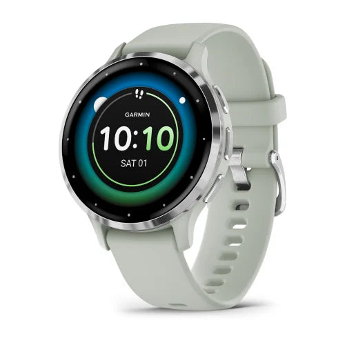 Garmin Venu 3S: Silver Stainless Steel Bezel with Sage Grey Case and Silicone Band