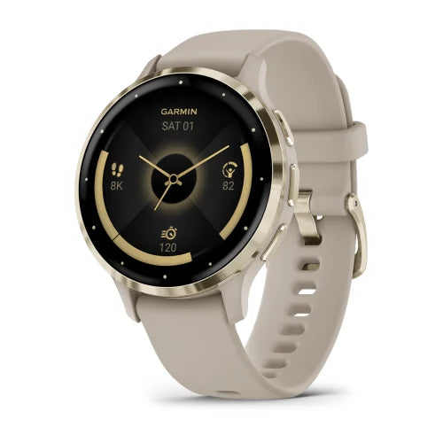 Garmin Venu 3S: Soft Gold Stainless Steel Bezel with French Grey Case and Leather Band