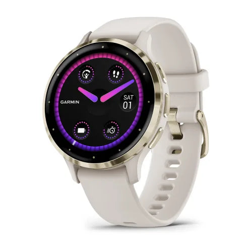 Garmin Venu 3S: Soft Gold Stainless Steel Bezel with Ivory Case and Silicone Band
