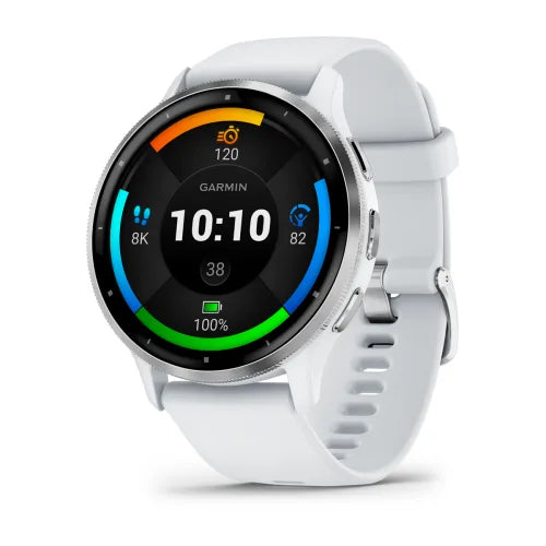 Garmin Venu 3: Silver Stainless Steel Bezel with Whitestone Case and Silicone Band