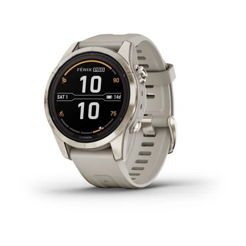 Garmin fēnix 7S Pro, Sapphire Solar Edition - Soft Gold Stainless Steel with Light Sand Silicone Band