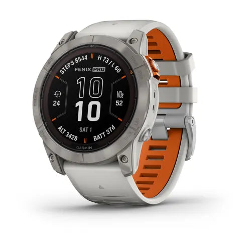 Garmin fenix 7X Pro, Sapphire Solar Edition - Titanium with Fog Grey/Ember Orange Silicone Band