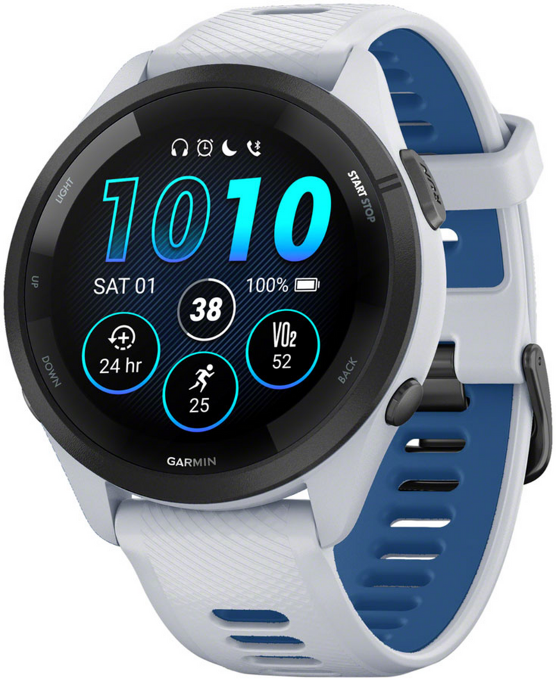 Garmin Forerunner® 265, Black Bezel with Whitestone Case and Whitestone/Tidal Blue Silicone Band